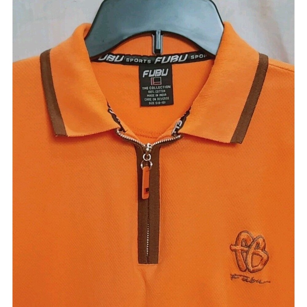 Vintage FUBU Sports Youth S 8/10 Orange Zip Polo Shirt Y2K Streetwear 90s Logo - Picture 3 of 4